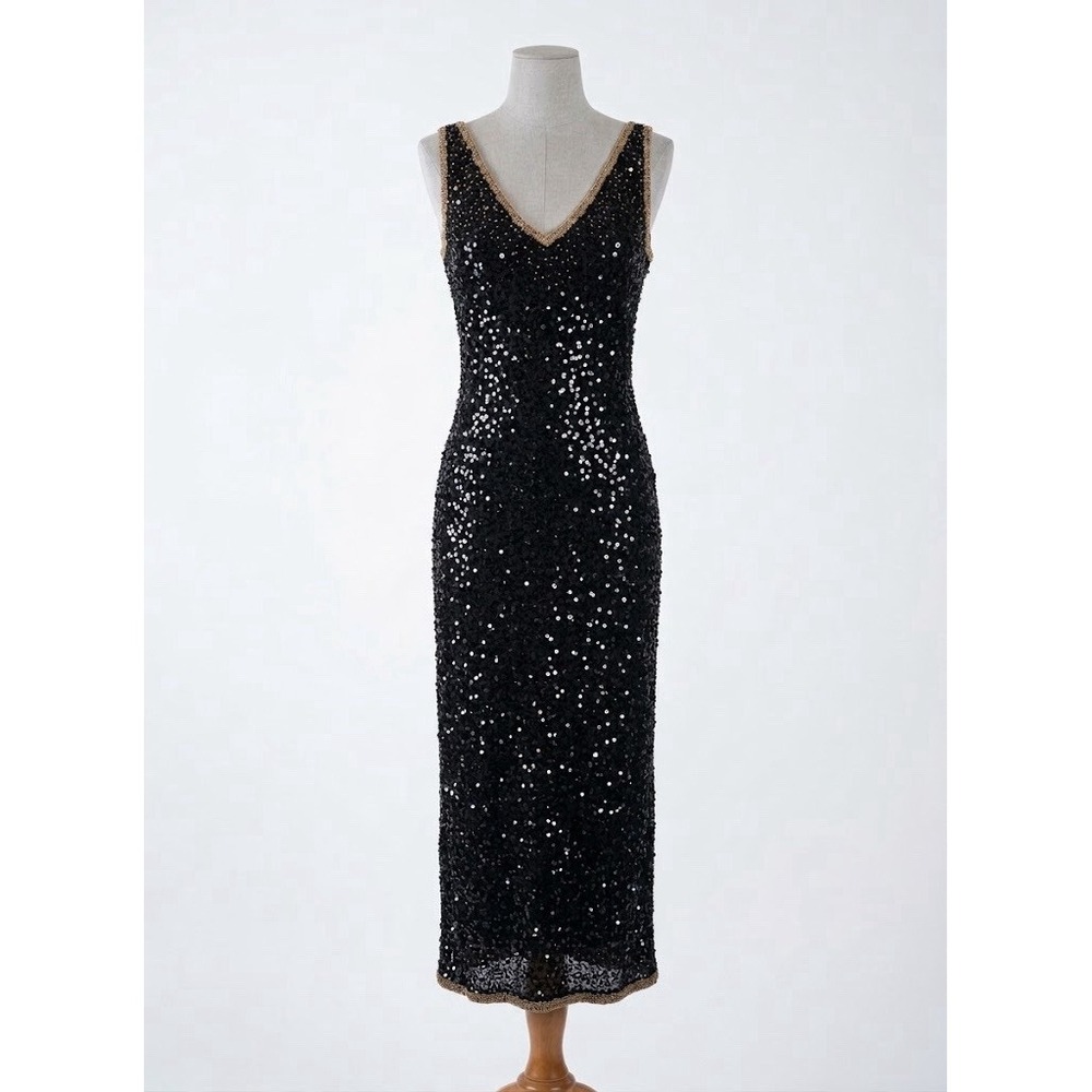 MES AMI Womens 8 Black Beaded Sequin Silk V-Neck Formal Midi Y2K Prom Gown